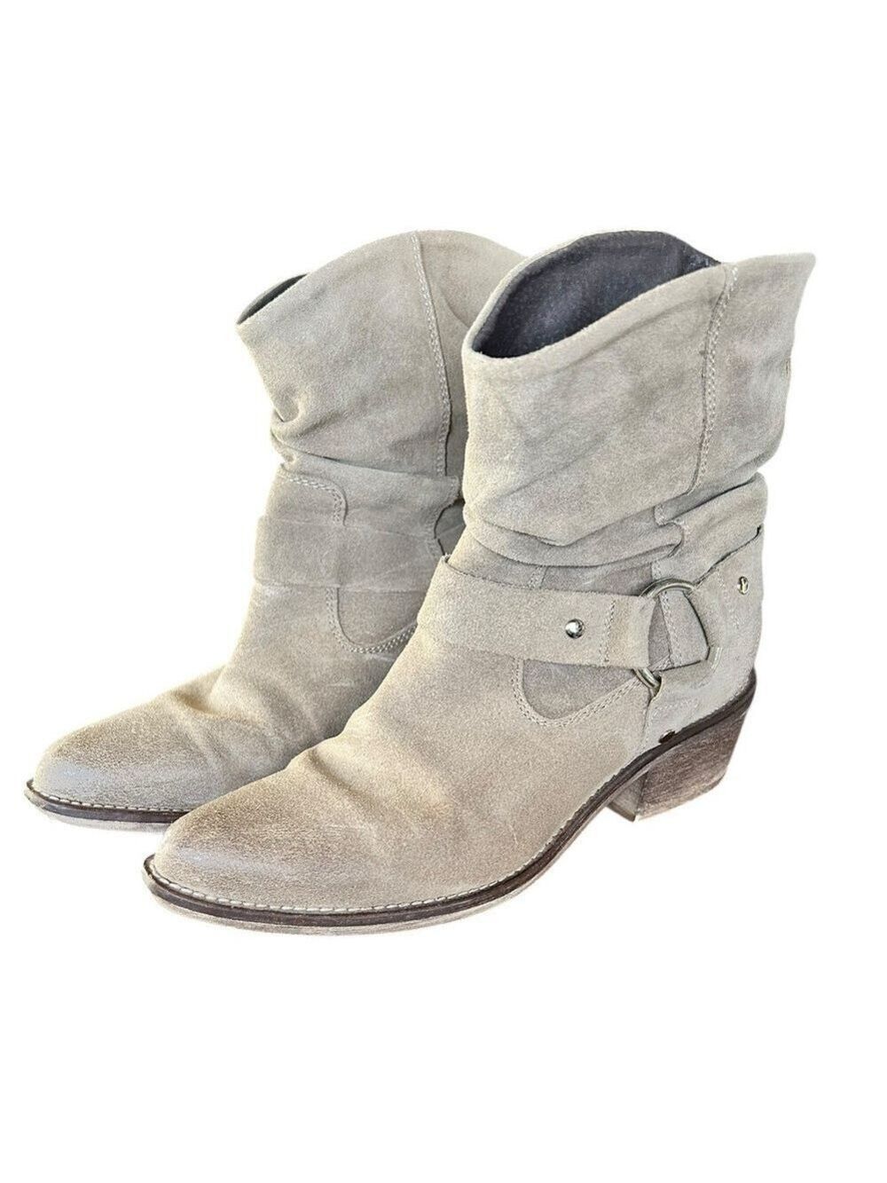Mark Jenkins Dallas Distressed Suede Leather Scrunch Harness Ankle Boots VGC W7